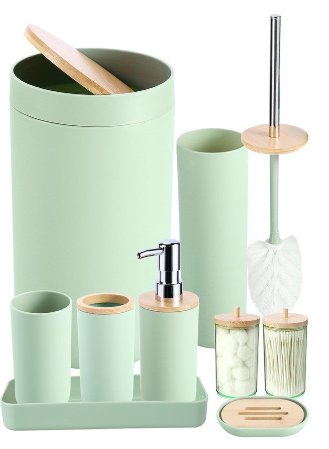 iMucci 9Pcs Pastel Green Bathroom Accessories Set - with Trash Can,Toilet Brush,Toothbrush Holder, Lotion Soap Dispenser, Soap Dish,Toothbrush Cup,Qtip Holder (Bamboo Cover) - Image 1