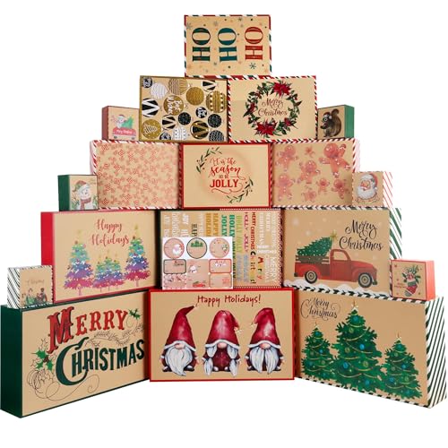 POPGIFTU Kraft Christmas Gift Boxes Set with Lids 18 Count Assorted Sizes for Holiday Wrapping Includes 18 Gift Tags 4 Sizes 18 Designs
