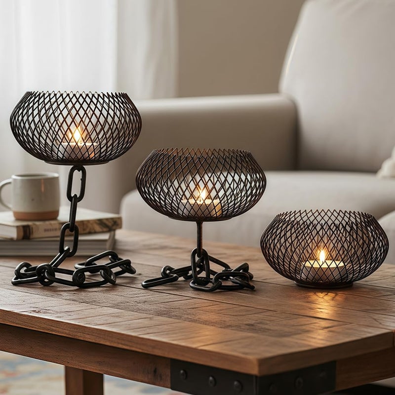 Outdoor Candle Holder Decor Set - Industrial Chain Candle Holder, Black Metal Lantern Stand (3 Pack) - Image 1
