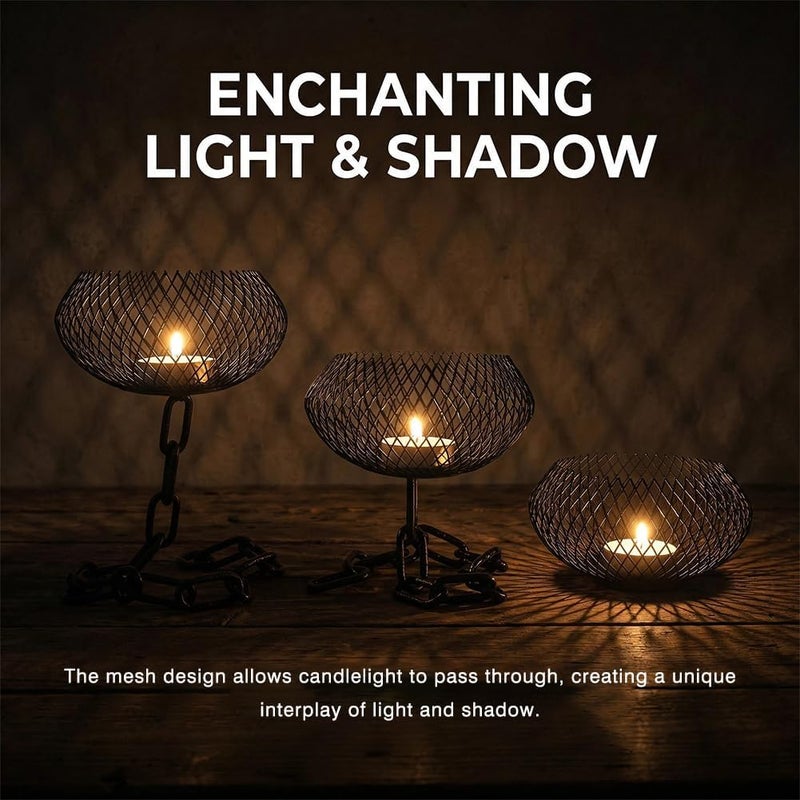 Outdoor Candle Holder Decor Set - Industrial Chain Candle Holder, Black Metal Lantern Stand (3 Pack) - Image 3