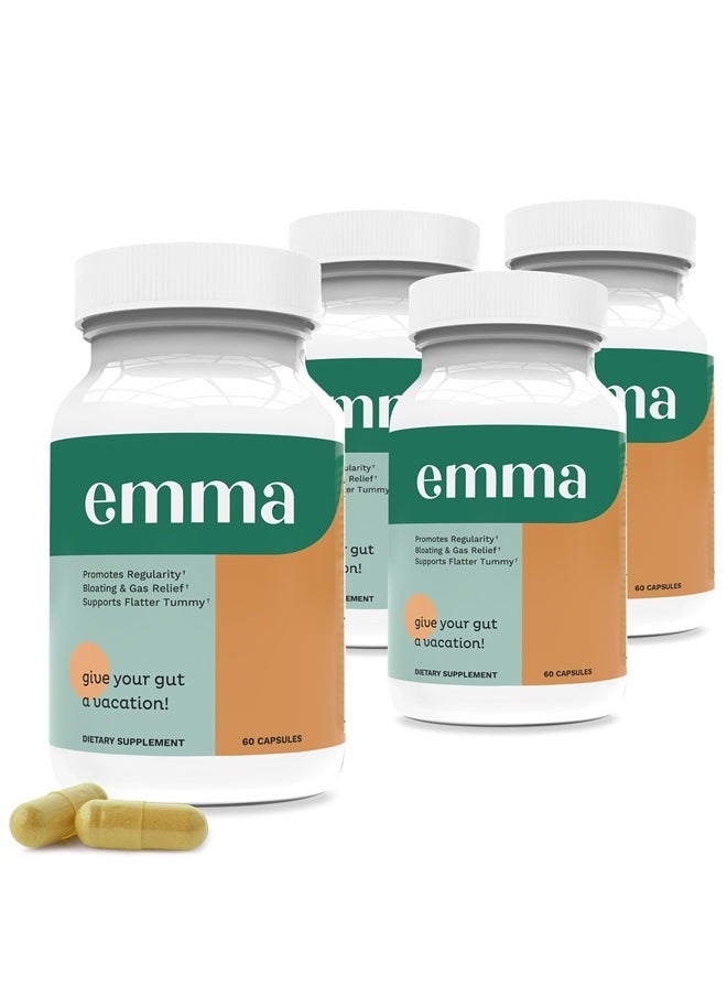 Emma Gut Health - 4 Pack - Gas and Bloating Relief, Constipation, Leaky Gut Repair - Gut Cleanse & Restore Digestion - Regulate Bowel Movement. Probiotics and Laxative Alternative, 240 Capsules  - Image 1
