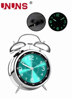 UNUNS Loud Alarm Clock for Heavy Sleepers Adults,Retro 4 Inch Silent Non-Ticking Quartz With Backlight,Twin Bell Analog Kids Alarm Clocks For Bedrooms Bedside Green  - Image 1
