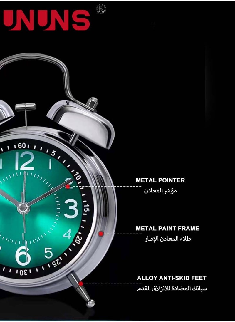 UNUNS Loud Alarm Clock for Heavy Sleepers Adults,Retro 4 Inch Silent Non-Ticking Quartz With Backlight,Twin Bell Analog Kids Alarm Clocks For Bedrooms Bedside Green  - Image 4