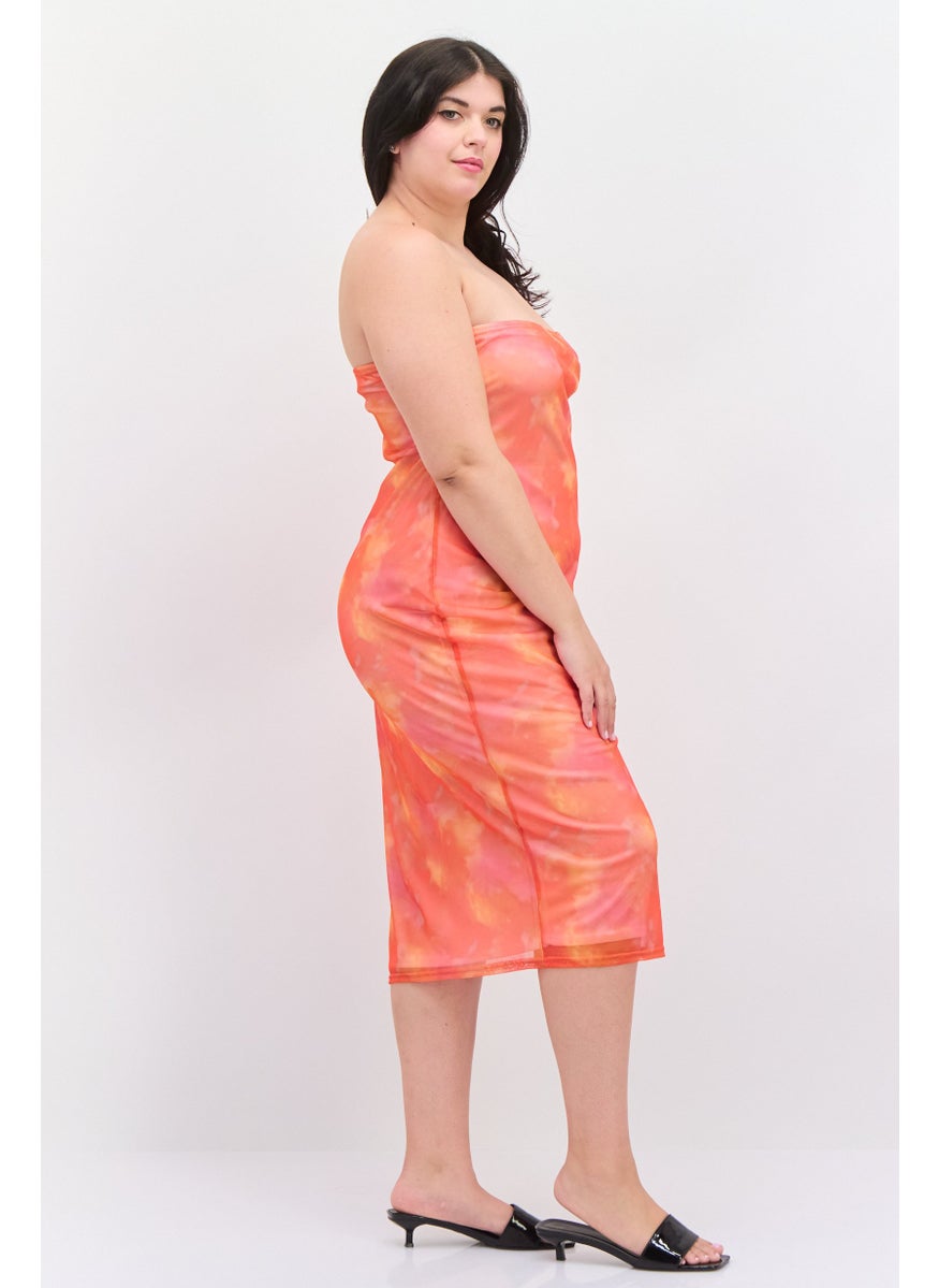 I SAW IT FIRST - Women Bandeau Mesh Midi Dress, Orange - Image 1