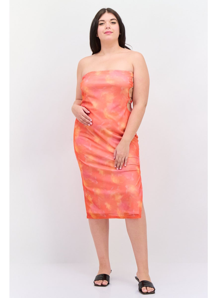 I SAW IT FIRST - Women Bandeau Mesh Midi Dress, Orange - Image 1