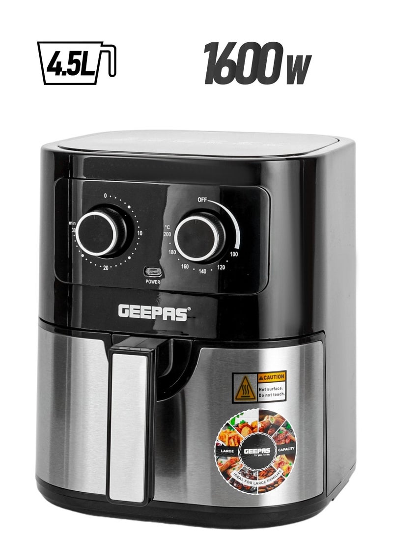 GEEPAS Air Fryer 4.5 L With 30 Min Timer| Pot With A Rack, Both With Non Stick Coating| Oil Free, Adjustable Time & Temperature| Vortex Air Frying Technology, Cooks 30% Faster 4.5 L 1600 W GAF37541 Black - Image 1