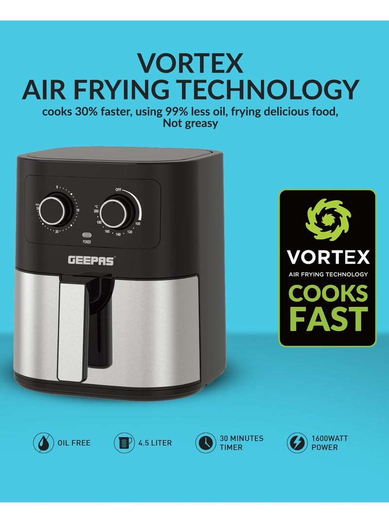 GEEPAS Air Fryer 4.5 L With 30 Min Timer| Pot With A Rack, Both With Non Stick Coating| Oil Free, Adjustable Time & Temperature| Vortex Air Frying Technology, Cooks 30% Faster 4.5 L 1600 W GAF37541 Black - Image 4