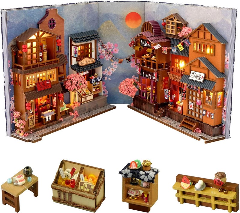 Cuteefun DIY Book Nook Book Corner, DIY Miniature Dollhouse Kit with Furniture, Model Kits for Adults to Building, Build Your Own Craft House Model (Cherry Blossom Alley) - Image 1