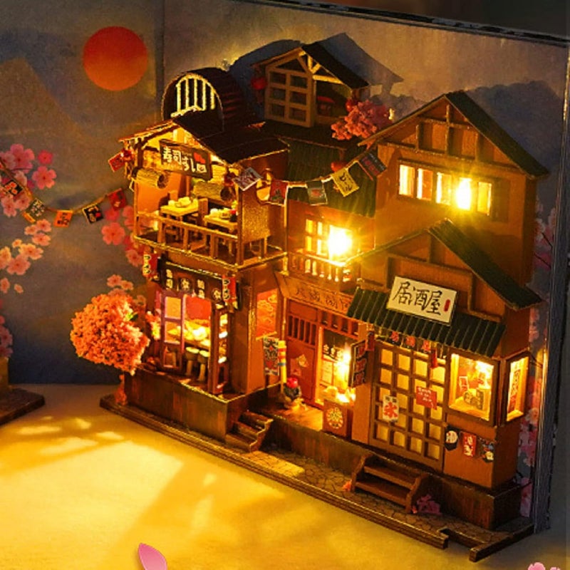 Cuteefun DIY Book Nook Book Corner, DIY Miniature Dollhouse Kit with Furniture, Model Kits for Adults to Building, Build Your Own Craft House Model (Cherry Blossom Alley) - Image 4