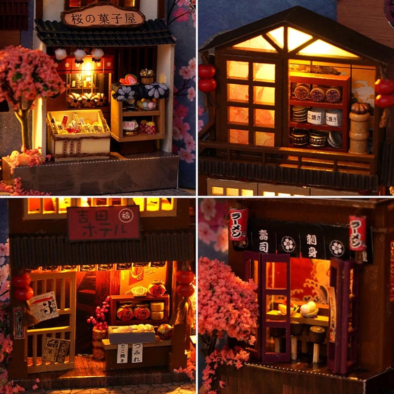 Cuteefun DIY Book Nook Book Corner, DIY Miniature Dollhouse Kit with Furniture, Model Kits for Adults to Building, Build Your Own Craft House Model (Cherry Blossom Alley) - Image 3