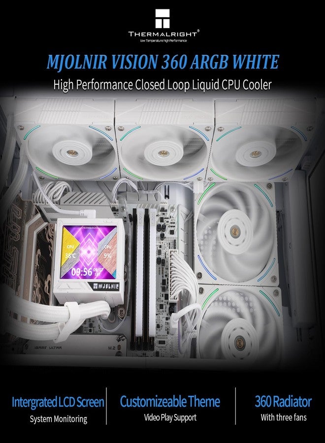 ثيرمالرايت مبرد مائي لوحدة المعالجة المركزية Thermalright Mjolnir Vision 360 ARGB أبيض، نظام تبريد مائي بثلاث مراوح PWM بسرعة 2000 دورة في الدقيقة، متوافق مع معالجات AM4/AM5 و Intel LGA1851/1700، شاشة LCD قابلة للفصل مغناطيسيًا بدقة 320 × 240 - Image 3
