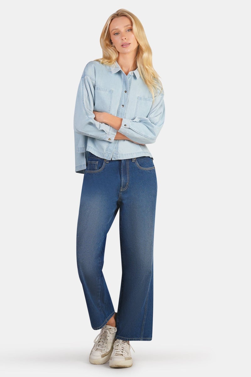 Virgio Solid Cotton Denim Mix Dolman Shirt for Women - Image 2