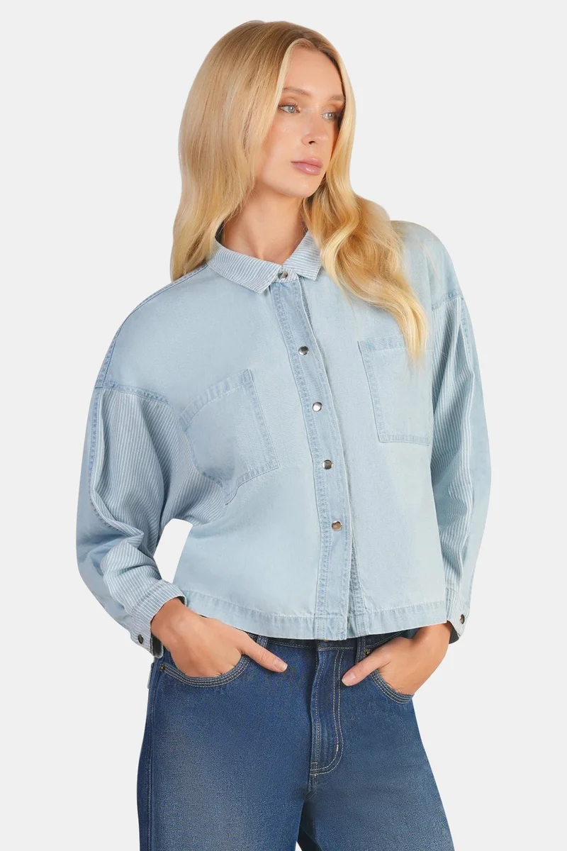 Virgio  Solid Cotton Denim Mix Dolman Shirt for Women for Women | Best Price UAE