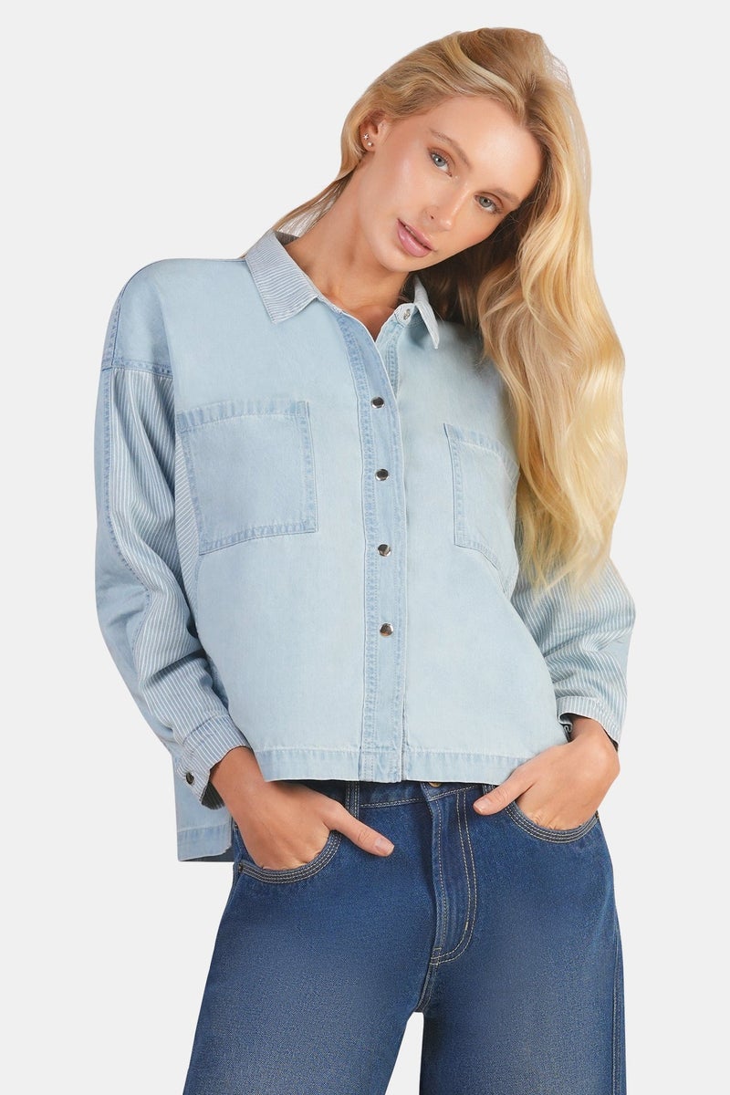 Virgio Solid Cotton Denim Mix Dolman Shirt for Women - Image 1