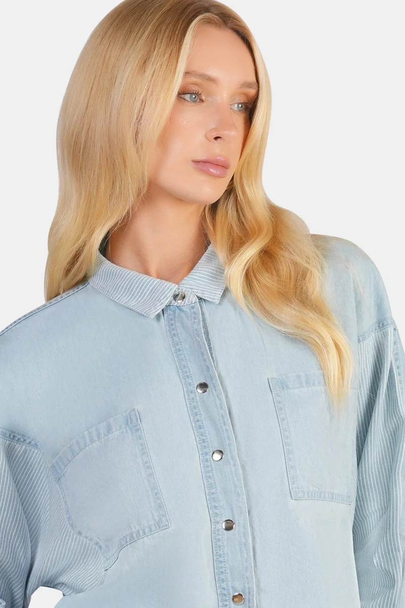 Virgio  Solid Cotton Denim Mix Dolman Shirt for Women for Women | Best Price UAE