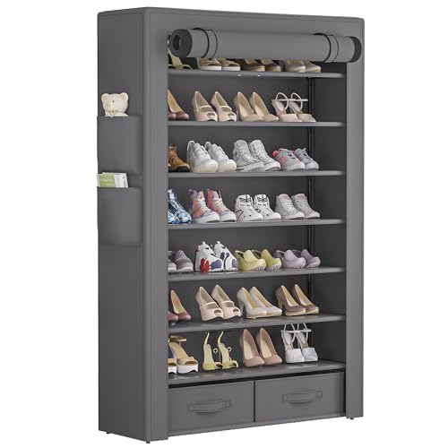 OYREL Shoe Rack Storage Cabinet 32 Pairs Organizer Shelf Tall for Shoes Large Free Standing Racks Vertical Shoe Holder Stand with Cover Two Boxes Closet
