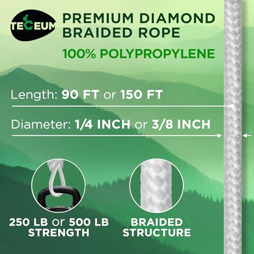 TECEUM Clothes Line & Flag Pole Rope – 1/4” & 3/8” – 90 FT | 150 FT – Strong All-Purpose Utility Rope – Camping, Crafting, Indoor & Outdoor – Polypropylene Nylon Lightweight Diamond Braided Cord White - Image 2