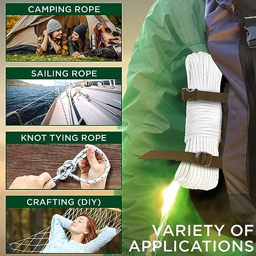 TECEUM Clothes Line & Flag Pole Rope – 1/4” & 3/8” – 90 FT | 150 FT – Strong All-Purpose Utility Rope – Camping, Crafting, Indoor & Outdoor – Polypropylene Nylon Lightweight Diamond Braided Cord White - Image 5