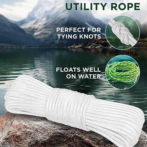 TECEUM Clothes Line & Flag Pole Rope – 1/4” & 3/8” – 90 FT | 150 FT – Strong All-Purpose Utility Rope – Camping, Crafting, Indoor & Outdoor – Polypropylene Nylon Lightweight Diamond Braided Cord White - Image 3