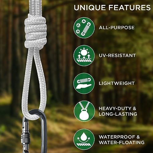 TECEUM Clothes Line & Flag Pole Rope – 1/4” & 3/8” – 90 FT | 150 FT – Strong All-Purpose Utility Rope – Camping, Crafting, Indoor & Outdoor – Polypropylene Nylon Lightweight Diamond Braided Cord White - Image 4