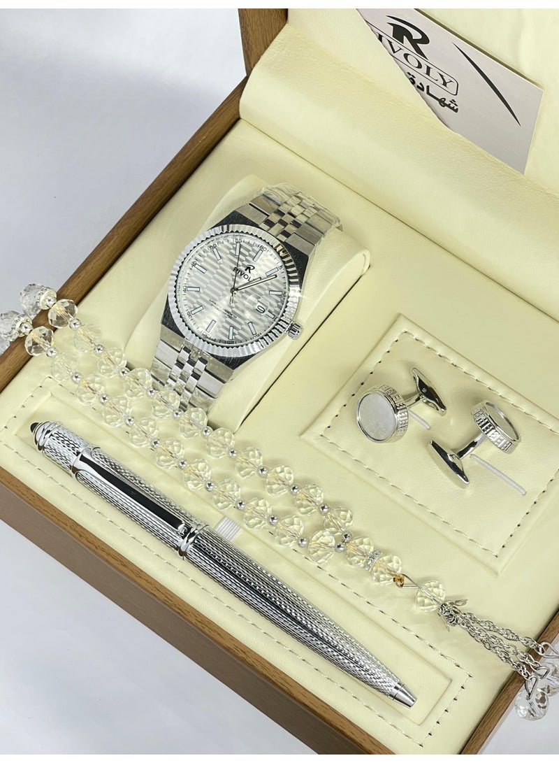 ريفولي طقم رجالي من الستانلس ستيل يتكون من ساعة وسبحة وقلم وازرار اكمام