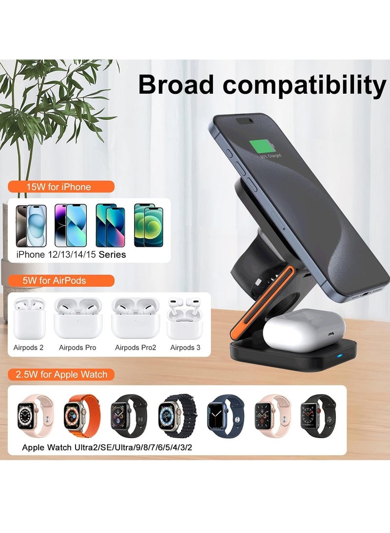 Magnetic three-in-one folding wireless charger 15W fast charging suitable for Apple mobile phone magsafe bracket wireless charging