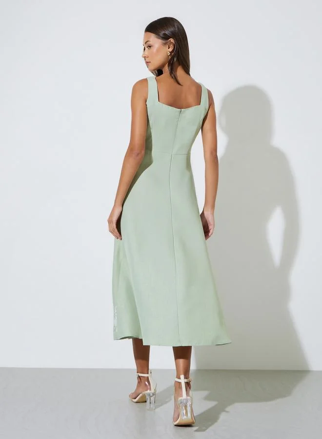 Styli  Green Embroidered Square neck A-Line Midi Dress for Women | Best Price UAE