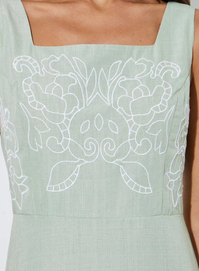 Styli  Green Embroidered Square neck A-Line Midi Dress for Women | Best Price UAE