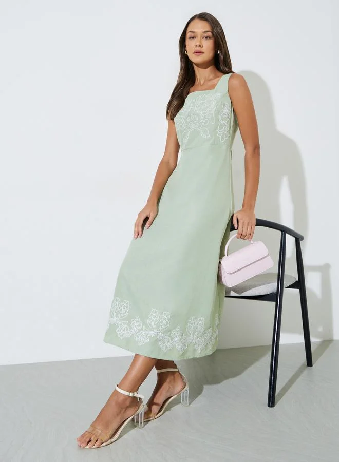 Green Embroidered Square neck A-Line Midi Dress