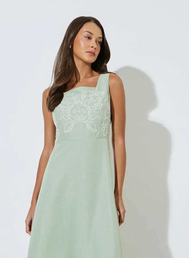 Styli  Green Embroidered Square neck A-Line Midi Dress for Women | Best Price UAE