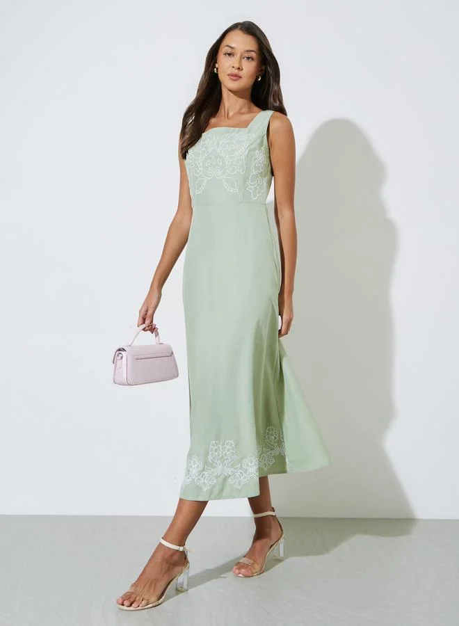 Styli  Green Embroidered Square neck A-Line Midi Dress for Women | Best Price UAE