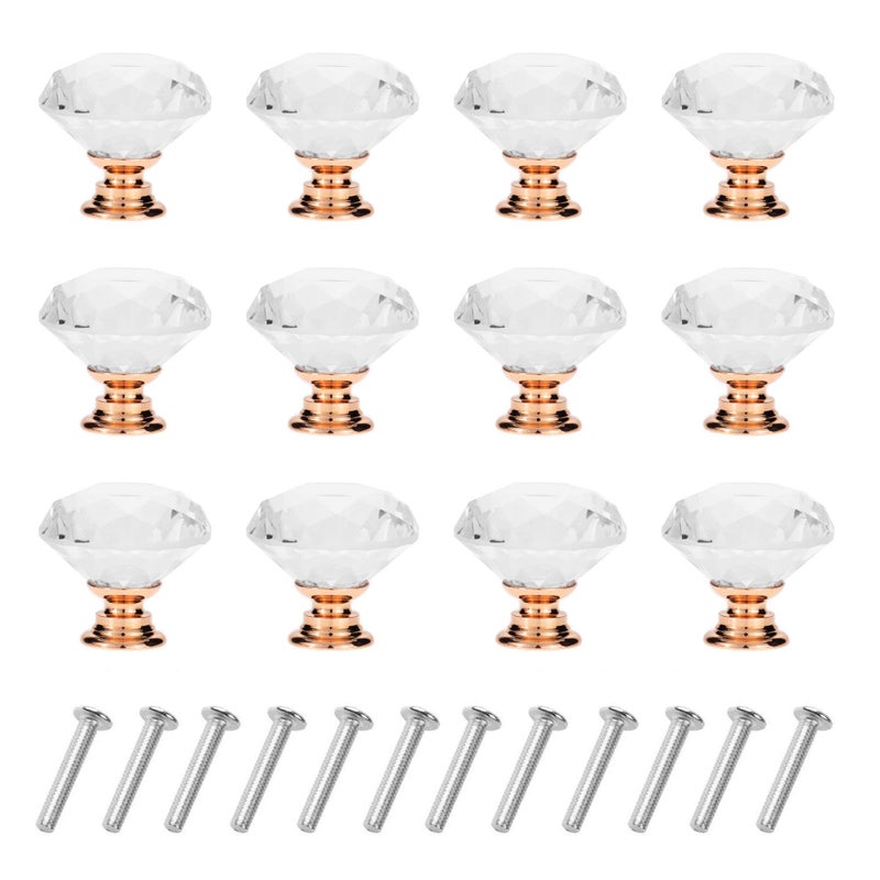 YourGift 12 Pack Drawer Knobs Diamond Shaped Crystal Glass 30mm Cabinet Knobs Pull Handles Rose Gold