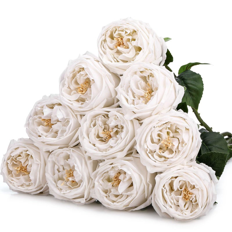 Daifunli 10pcs Real Touch Peonies Artificial Flowers, Faux Austin Rose with Long Stem Look Real Fake Flower for Christmas Valentines Arrangement Wedding Party Home Kitchen Decor(White) - Image 1