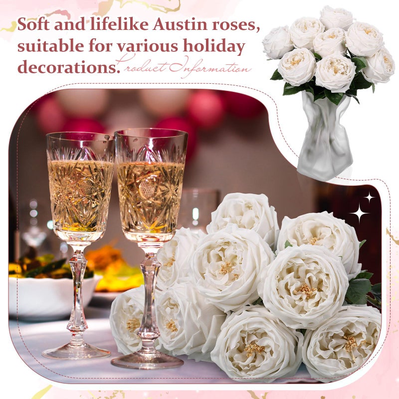 Daifunli 10pcs Real Touch Peonies Artificial Flowers, Faux Austin Rose with Long Stem Look Real Fake Flower for Christmas Valentines Arrangement Wedding Party Home Kitchen Decor(White) - Image 5