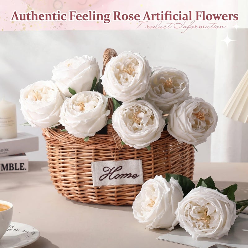 Daifunli 10pcs Real Touch Peonies Artificial Flowers, Faux Austin Rose with Long Stem Look Real Fake Flower for Christmas Valentines Arrangement Wedding Party Home Kitchen Decor(White) - Image 4