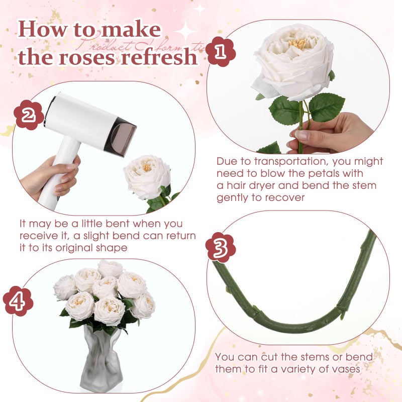 Daifunli 10pcs Real Touch Peonies Artificial Flowers, Faux Austin Rose with Long Stem Look Real Fake Flower for Christmas Valentines Arrangement Wedding Party Home Kitchen Decor(White) - Image 2