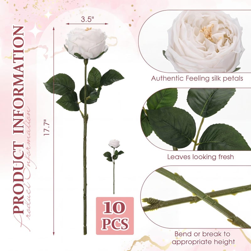 Daifunli 10pcs Real Touch Peonies Artificial Flowers, Faux Austin Rose with Long Stem Look Real Fake Flower for Christmas Valentines Arrangement Wedding Party Home Kitchen Decor(White) - Image 3