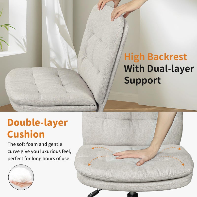 ERGOSEAT كرسي مكتب منزلي مريح - كرسي بدون ذراعين بتصميم متقاطع مع عجلات كرسي تجميل كراسي مكتبية دوارة قابلة للتعديل في الارتفاع للبالغين - بيج - Image 3