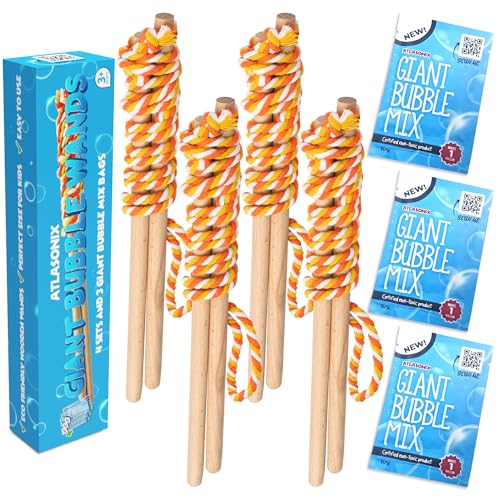 Atlasonix Giant Bubble Wand Big Bubble Wand Huge Rope 4 Pack Giant Bubble Wooden Wands 384 Ounces Bubble Mix Concentrate Refill Party Outdoor Summer Toys Activities for Kids Boys and Girls Kit - Image 1