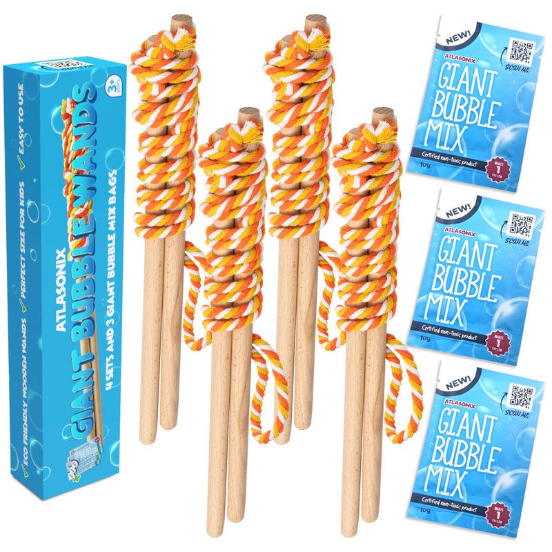 Atlasonix Giant Bubble Wand Big Bubble Wand Huge Rope 4 Pack Giant Bubble Wooden Wands 384 Ounces Bubble Mix Concentrate Refill Party Outdoor Summer Toys Activities for Kids Boys and Girls Kit - Image 3