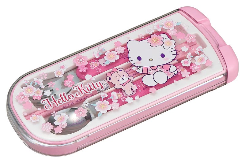 OSK CT20 Hello Kitty Cutlery Set Sakura Pull Trio Chopsticks Spoon Fork Made in Japan Sliding Dishwasher Safe Easy to Use For Girls Children Elementary School Students
