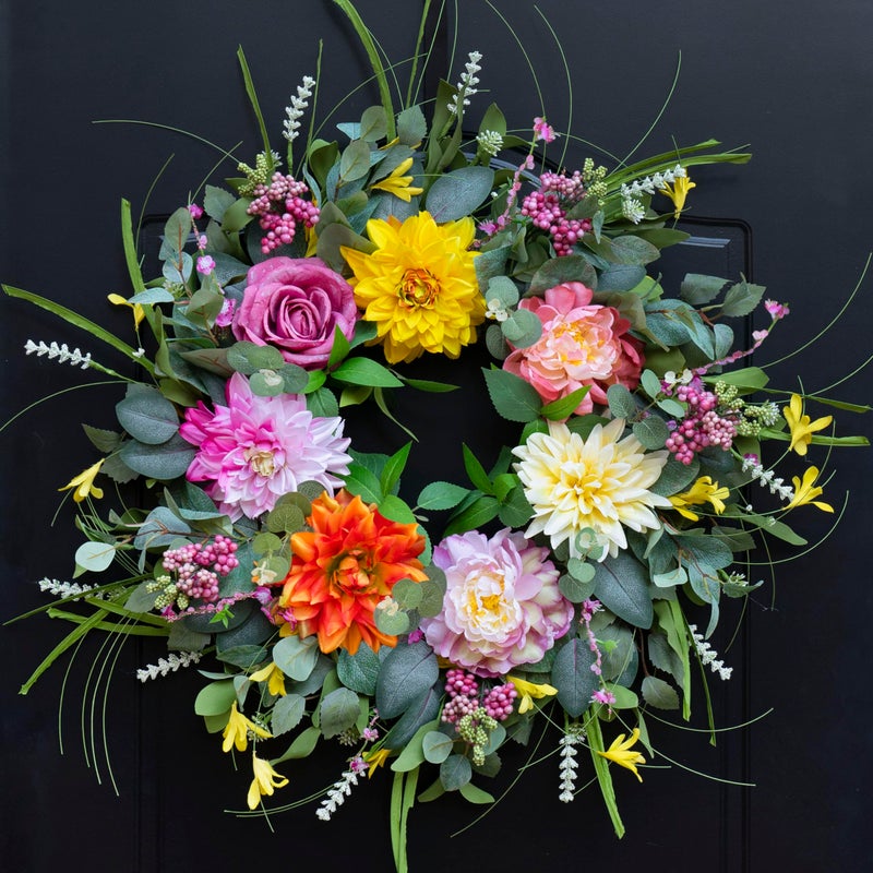 Soomeir Spring Summer Wreaths for Front Door with Fragrance Bottle, Soomeir Floral Door Wreath with Peony Dahlia Rose, for All Season Easter Indoor Outdoor Farmhouse Home Decor - Image 5
