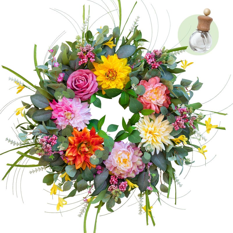 Soomeir Spring Summer Wreaths for Front Door with Fragrance Bottle, Soomeir Floral Door Wreath with Peony Dahlia Rose, for All Season Easter Indoor Outdoor Farmhouse Home Decor - Image 1
