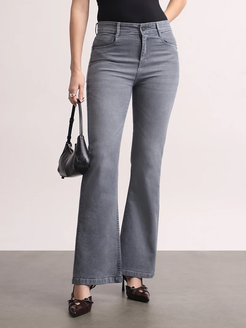 Urbano Fashion Women's Grey Mid Rise Bootcut Washed Jeans Stretchable