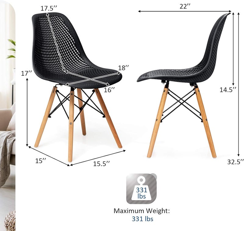 Giantex Set of 2 Modern Dining Chairs, Outdoor Indoor Shell PP Lounge Side Chairs with Mesh Design, Beech Wood Legs, Tulip Leisure Chairs, DSW Dining Chairs for Kitchen, Dining Room, Black - Image 2