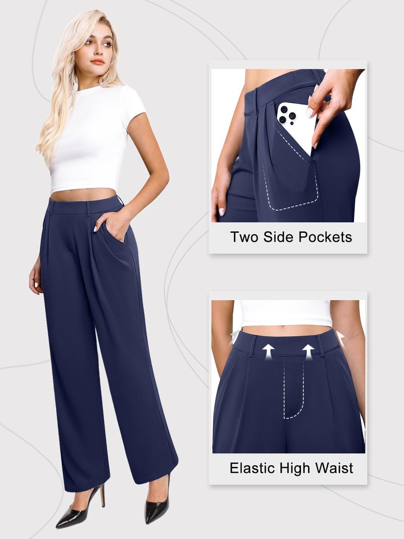 DLOODA Womens Wide Leg Dress Pants Stretchy High Waisted Work Pants Business Casual Office Trousers with Pockets Navy L - Image 3