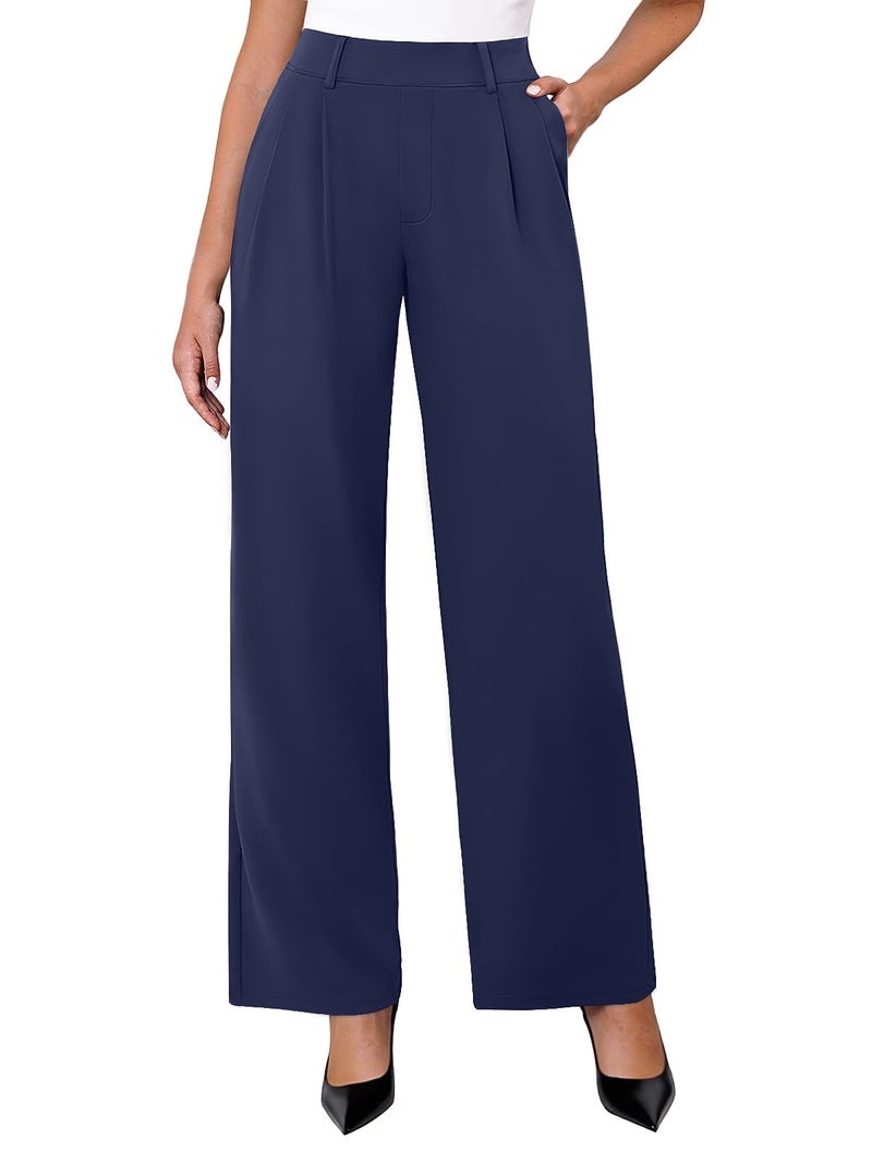DLOODA Womens Wide Leg Dress Pants Stretchy High Waisted Work Pants Business Casual Office Trousers with Pockets Navy L - Image 1