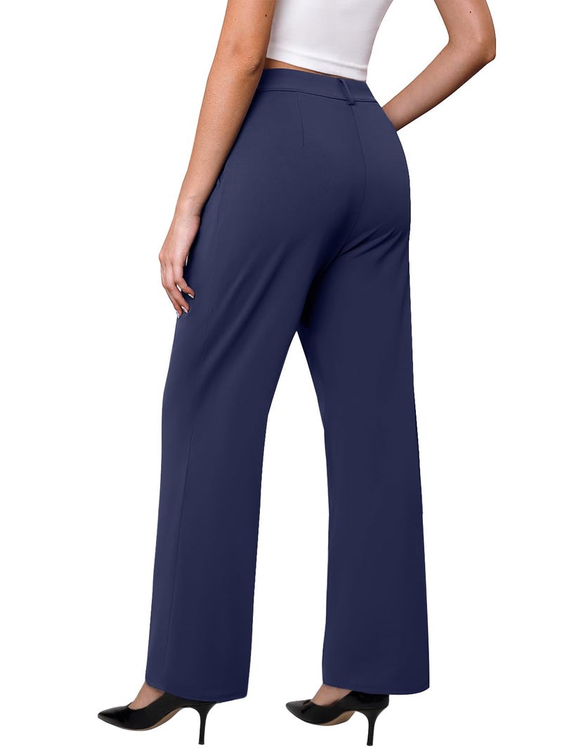 DLOODA Womens Wide Leg Dress Pants Stretchy High Waisted Work Pants Business Casual Office Trousers with Pockets Navy L - Image 2
