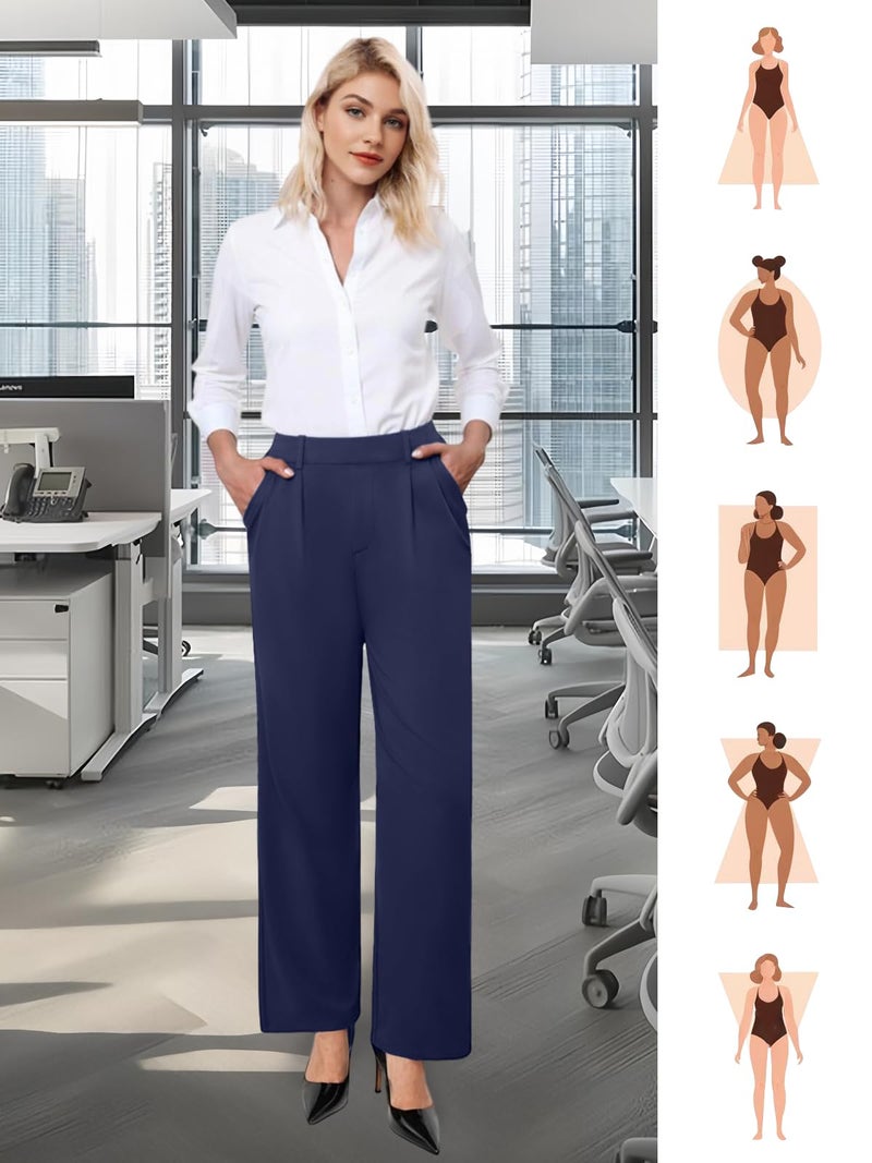 DLOODA Womens Wide Leg Dress Pants Stretchy High Waisted Work Pants Business Casual Office Trousers with Pockets Navy L - Image 5