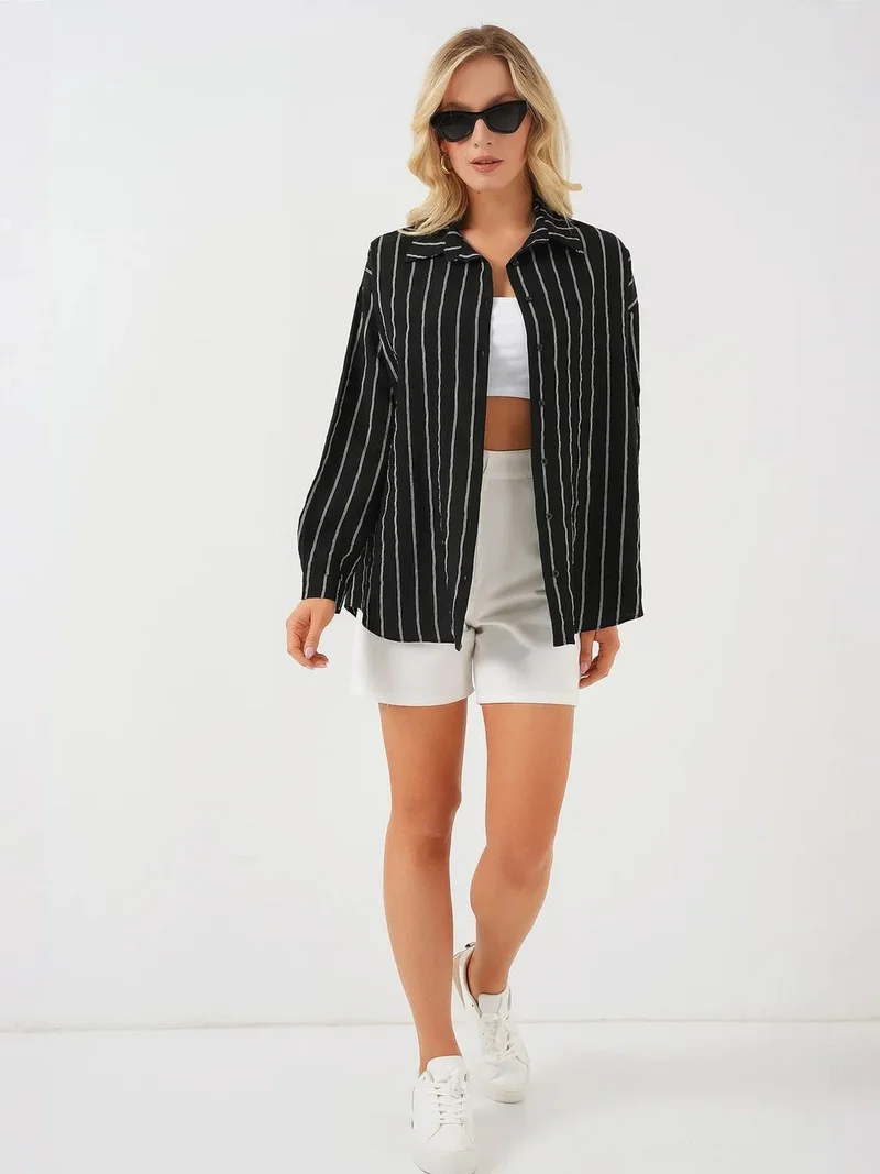 بيغ دارت BDART Textured Striped Oversized Shirt with Button Closure
